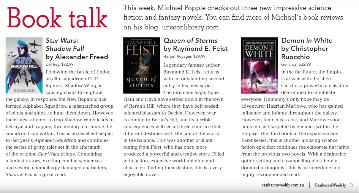 Canberra Weekly Column - 6 August 2020 - Science Fiction and Fantasy