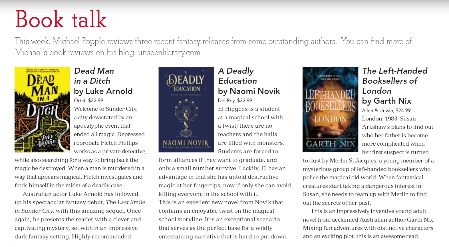 Canberra Weekly Column - Fantasy - 15 October 2020