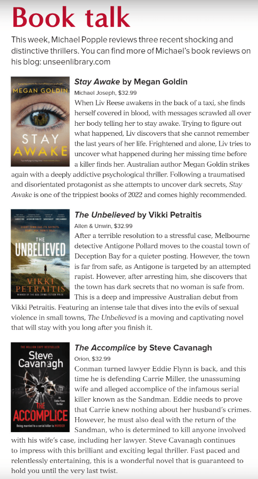 Canberra Weekly Column - Thrillers - 18 August 2022